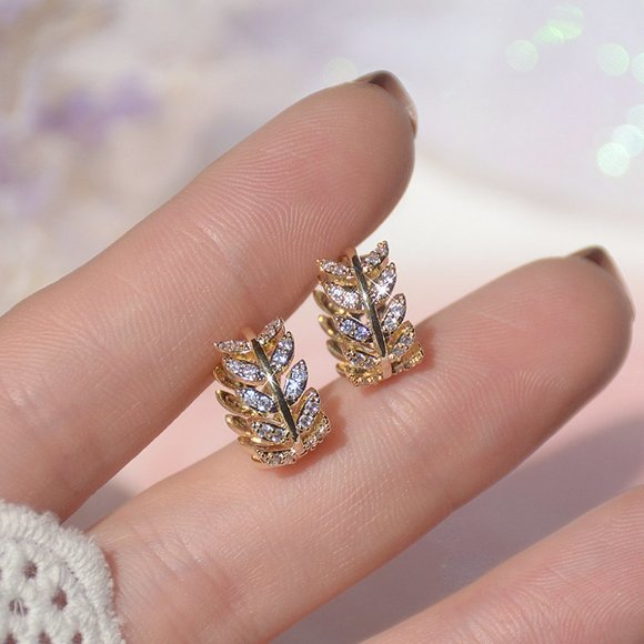 NEW 14K Gold Plated Diamond Leaf Hoop Earrings - Picture 2 of 8